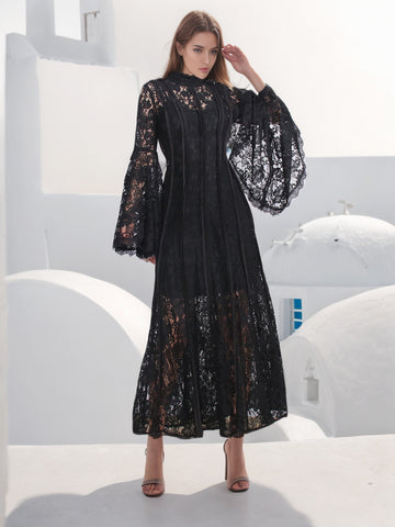 Woochic robe longue à volants dentelle manches évasées brodée plissée noir S
